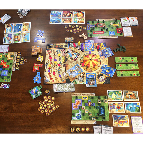 game setup with components on wooden table