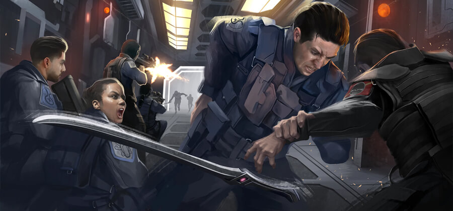 illustration of a group of sfuturistic soldiers in the hallway of a spacecraft during a firefight